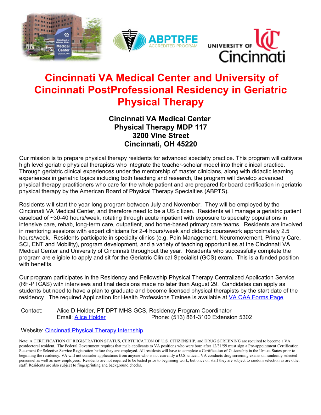 Cincinnati VA Medical Center and University of Cincinnati Postprofessional Residency In
