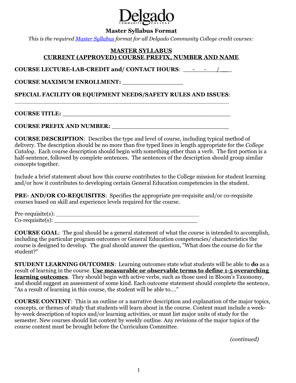 Master Syllabus Format