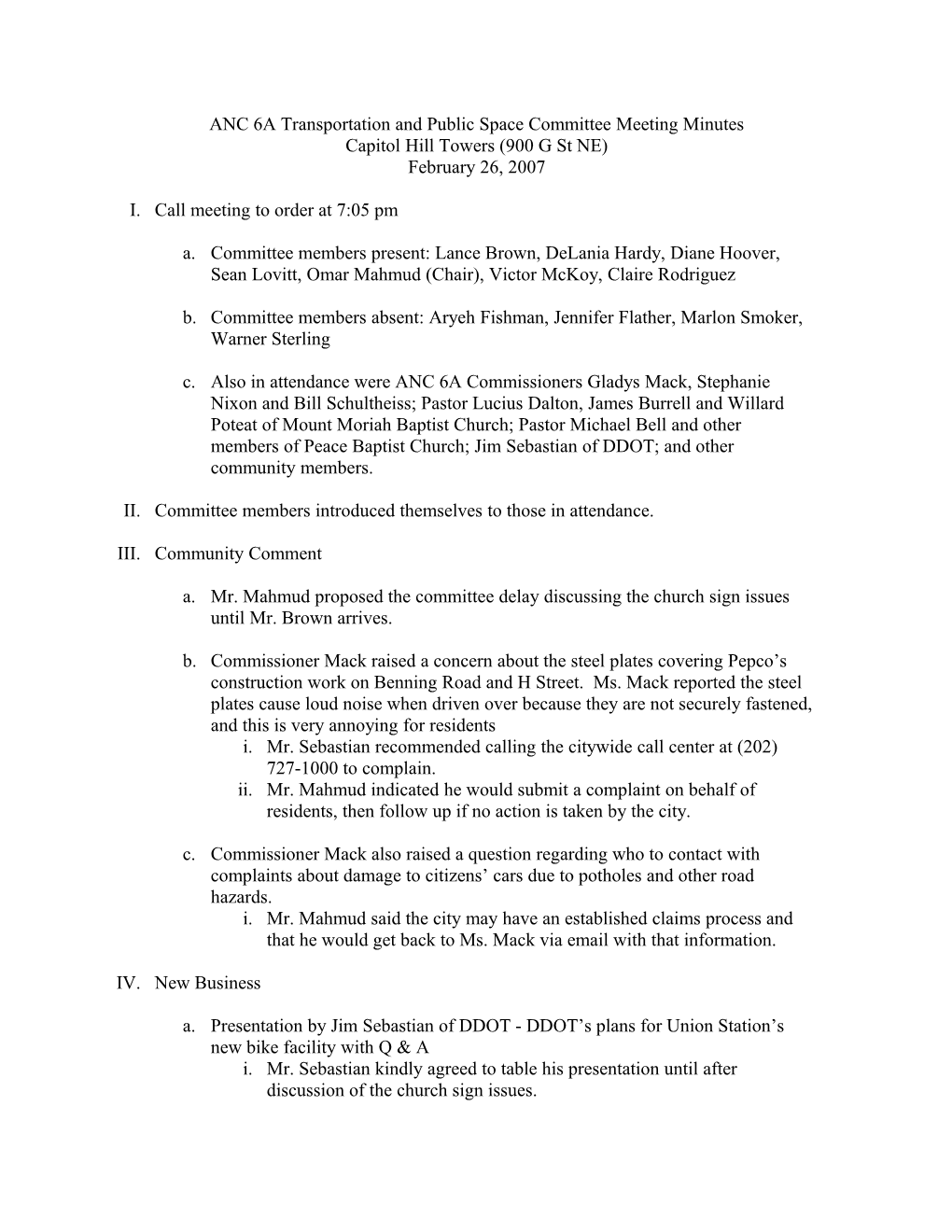 ANC 6A Transportation and Public Space Committee Meeting Minutes