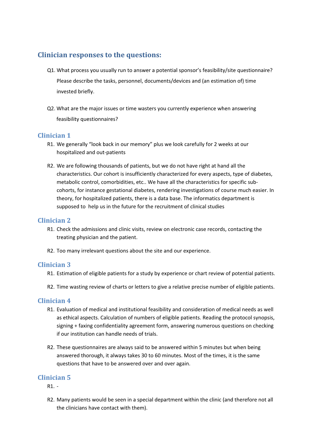 Clinician Responses to the Questions