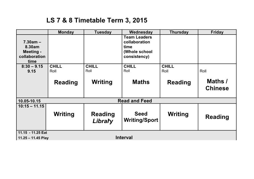 Class Timetable: Room 20 2001