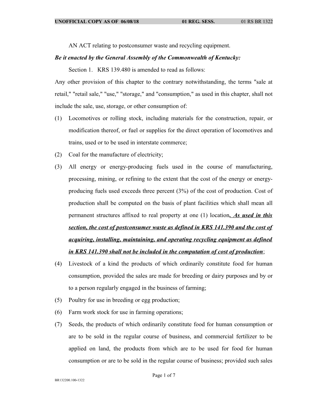 AN ACT Relating to Postconsumer Waste and Recycling Equipment