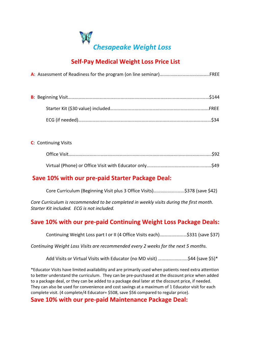 Self-Pay Medical Weight Loss Price List