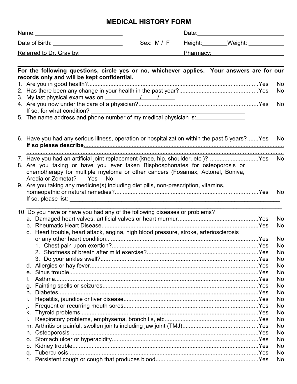 Medical History Form