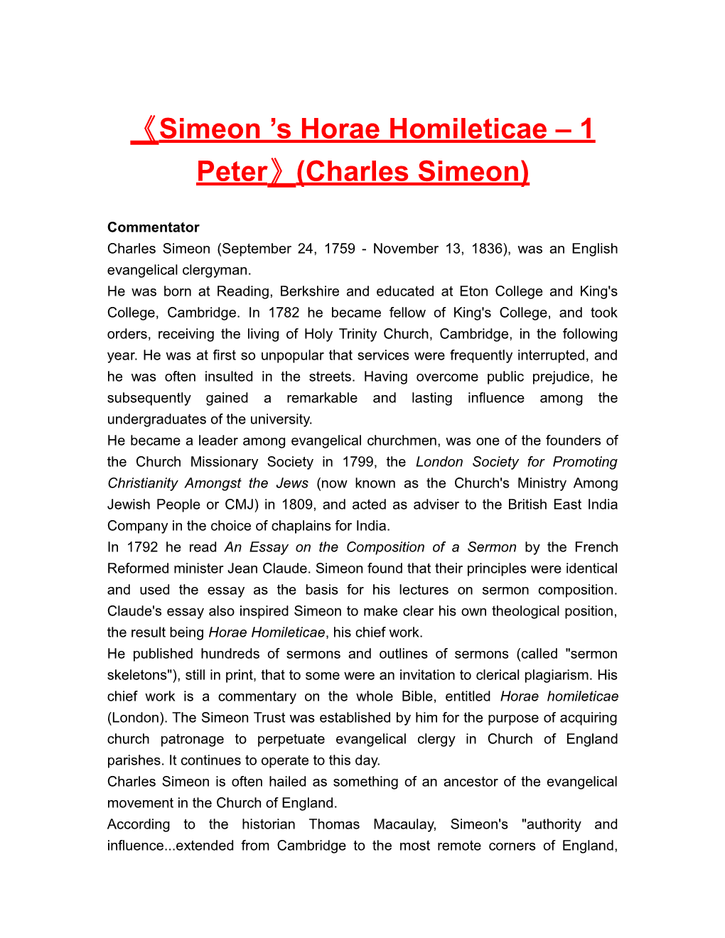 Simeon S Horae Homileticae 1 Peter (Charles Simeon)