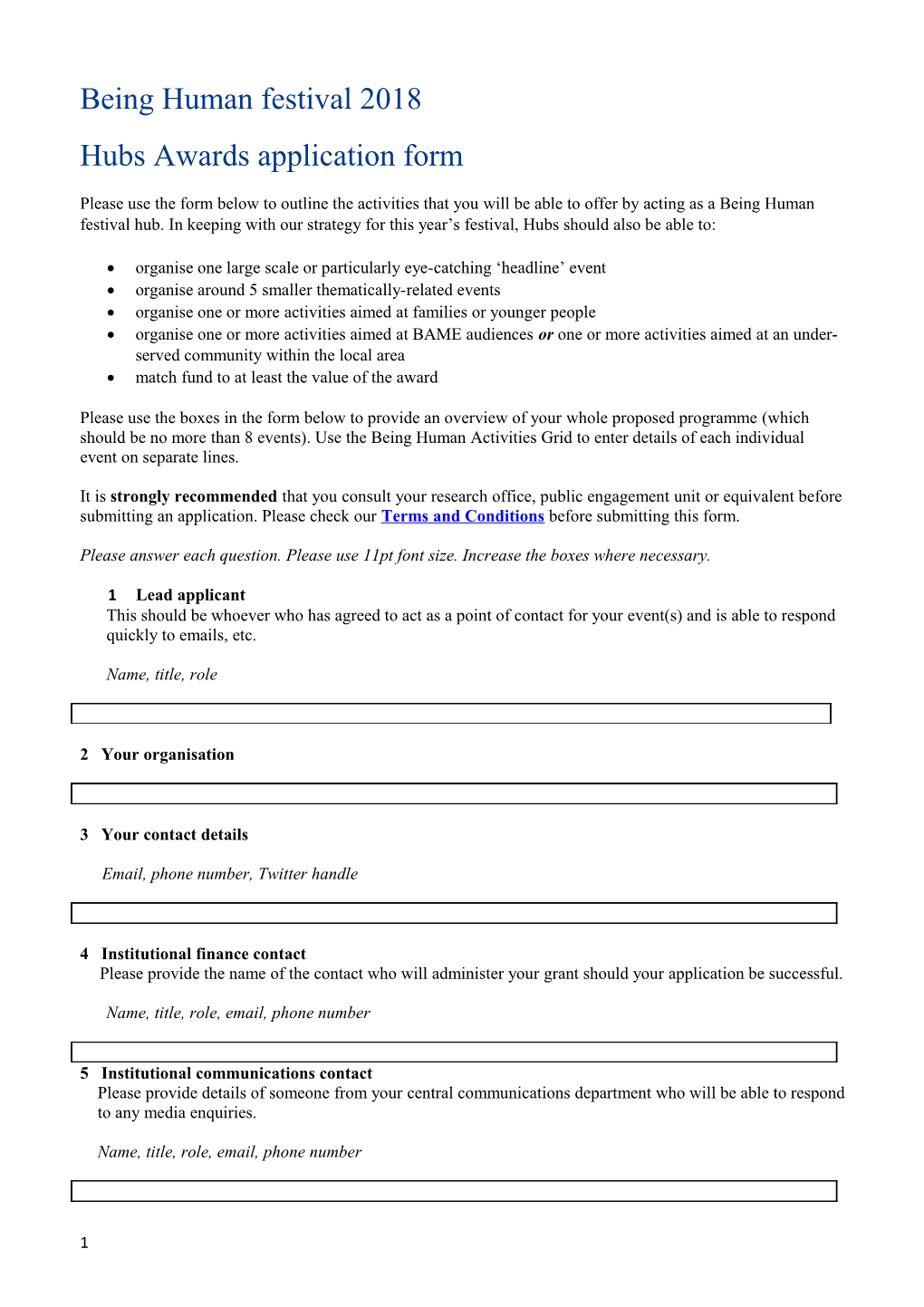 Hubs Awards Application Form