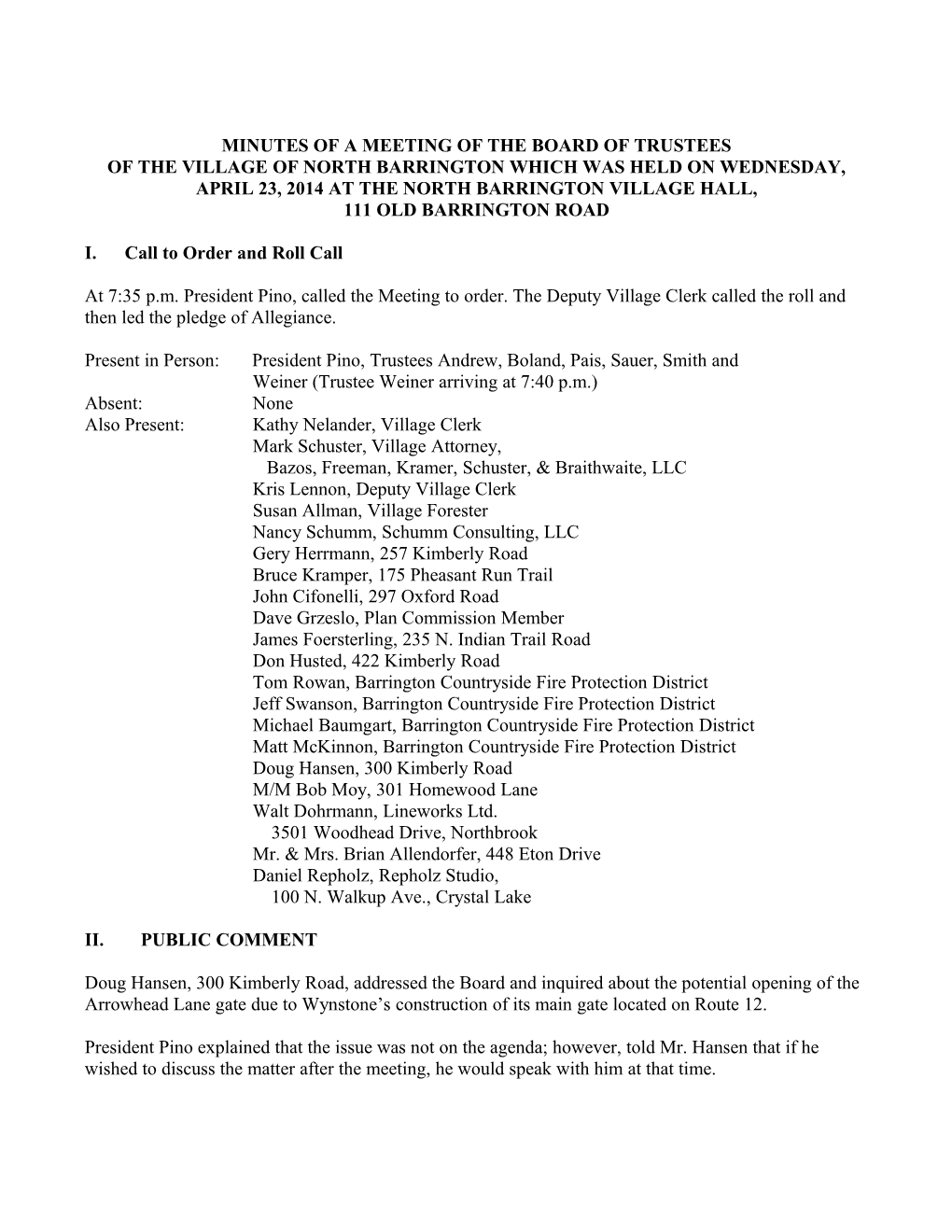Minutes of the Public Hearing Held by the Board of Trustees