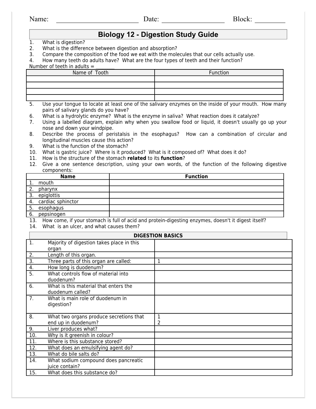 Biology 12 - Digestion Study Guide