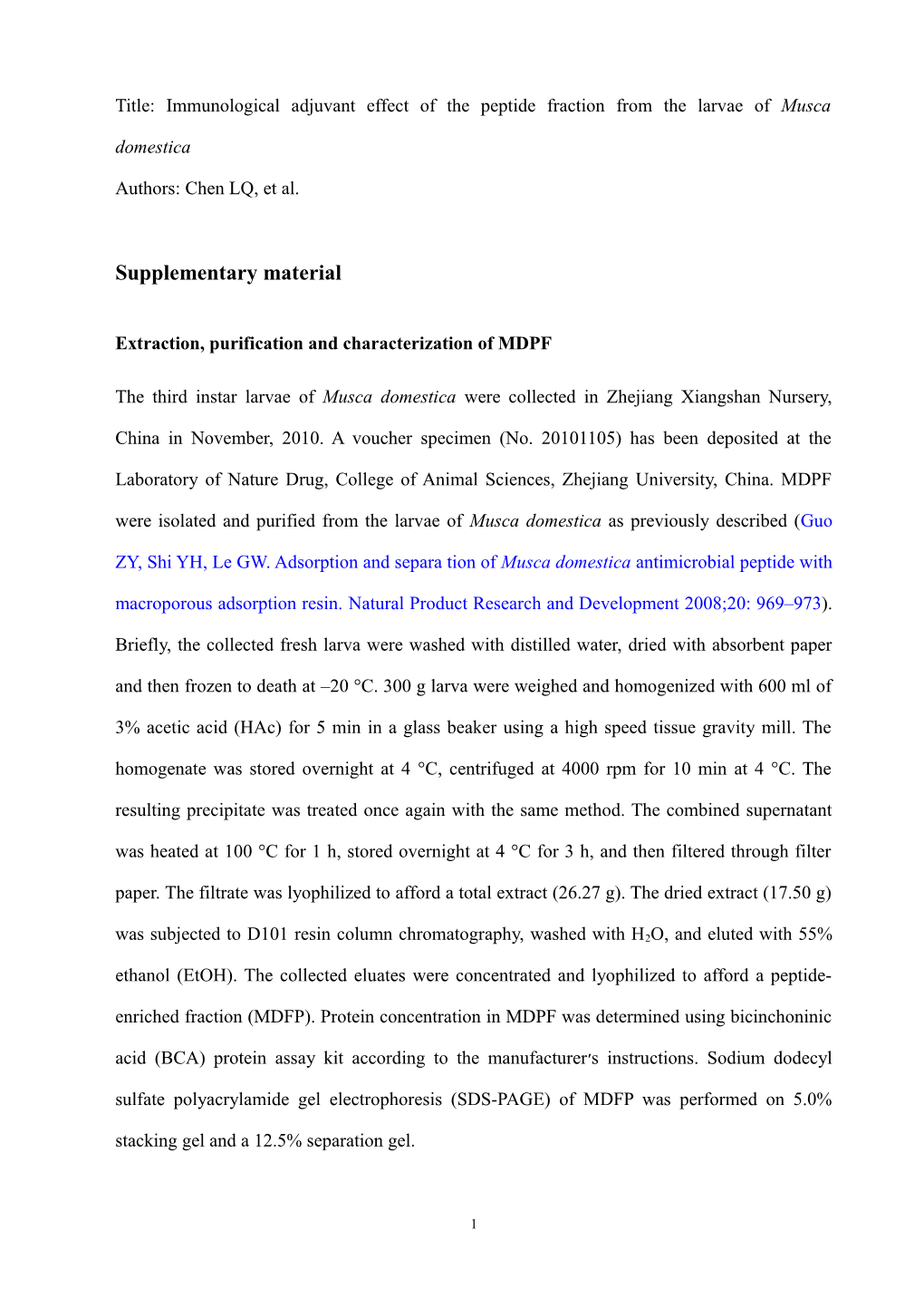 Title: Anti-Tumor and Immunomodulatory Activity of Peptide Fraction from the Larva of Musca