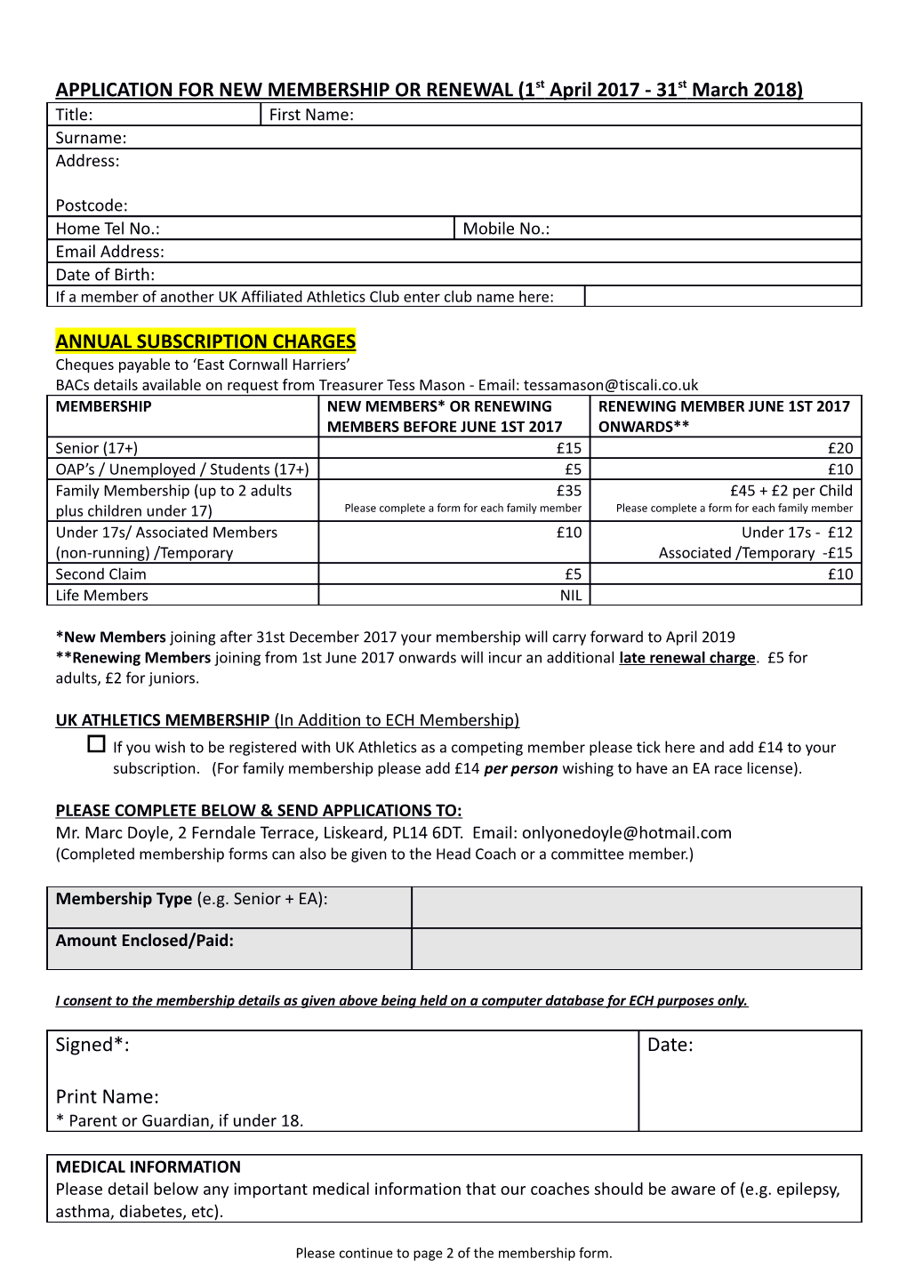 APPLICATION for NEW MEMBERSHIP OR RENEWAL (1St April 2017 - 31St March 2018)