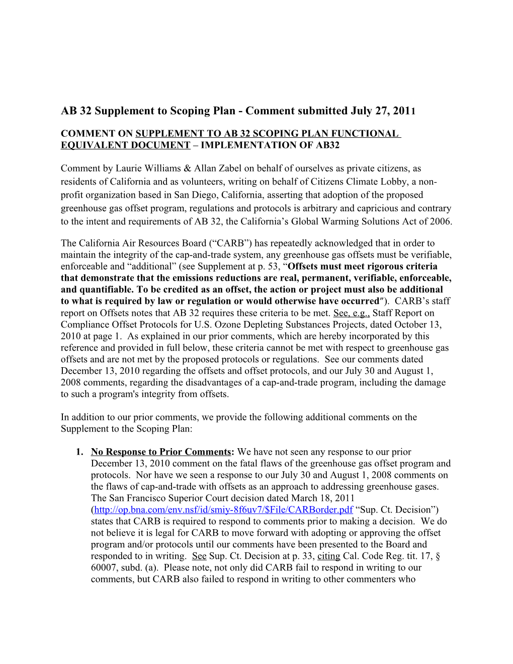 Comment on Supplement to Ab 32 Scoping Plan Functional Equivalent Document Implementation