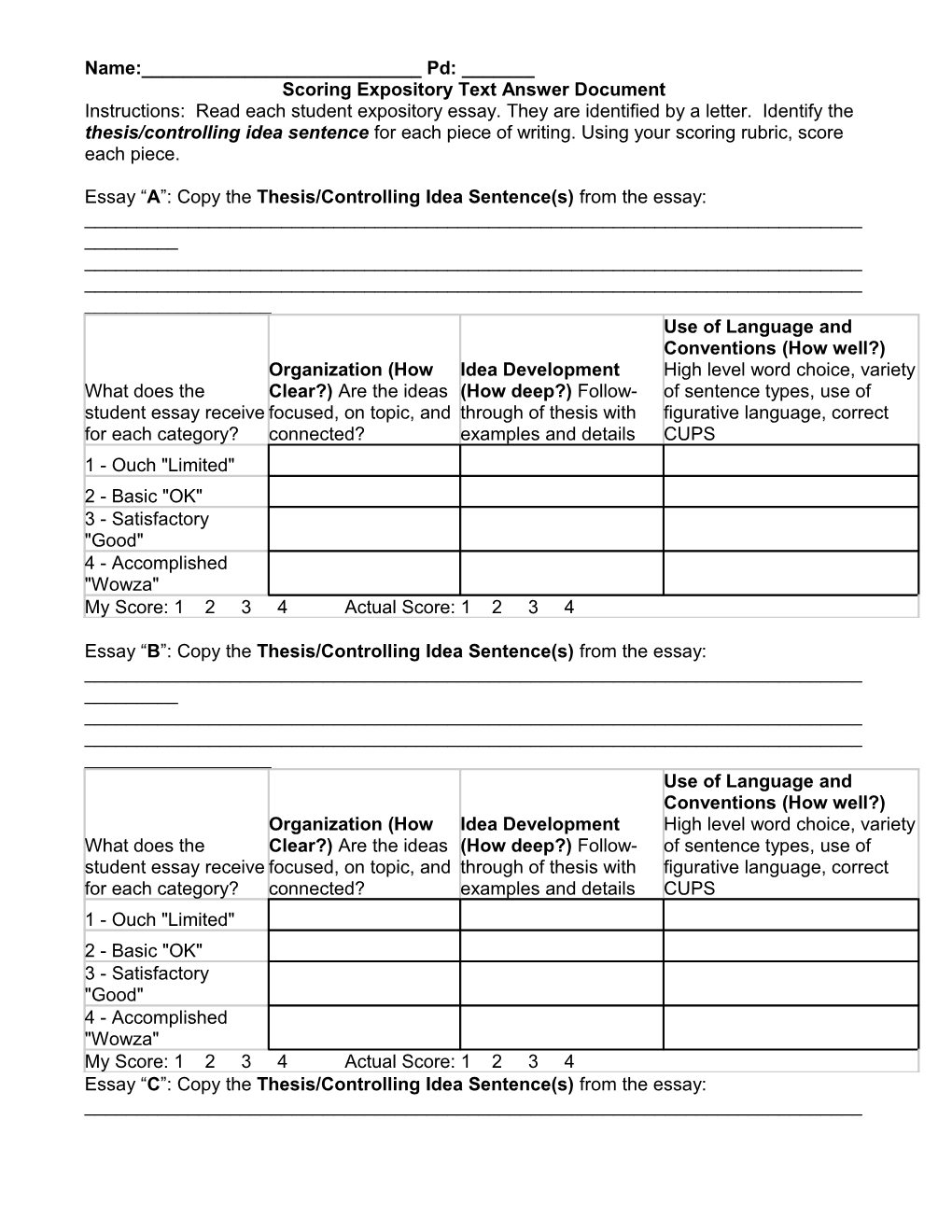 Scoring Expository Text Answer Document