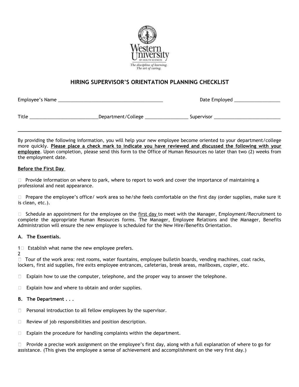 Hiring Supervisor S Orientation Planning Checklist