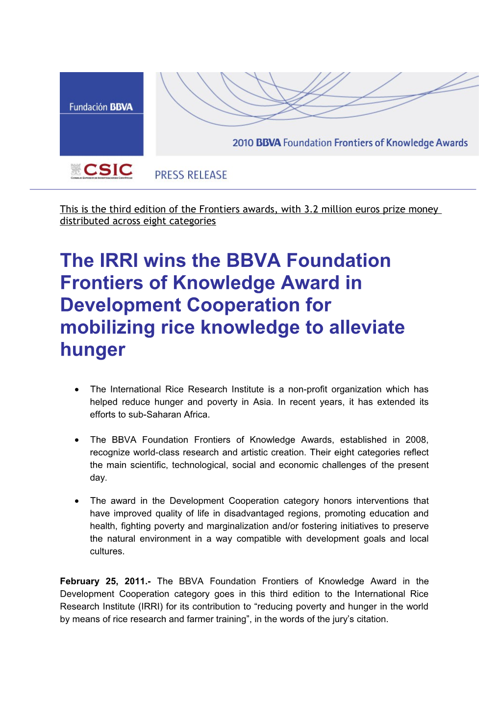 The IRRI Wins the BBVA Foundation Frontiers of Knowledge Award in Development Cooperation