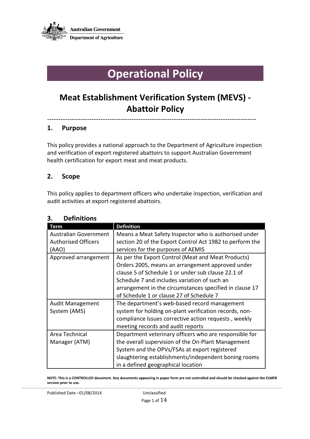 Meat Establishment Verification System (MEVS) - Abattoir Policy