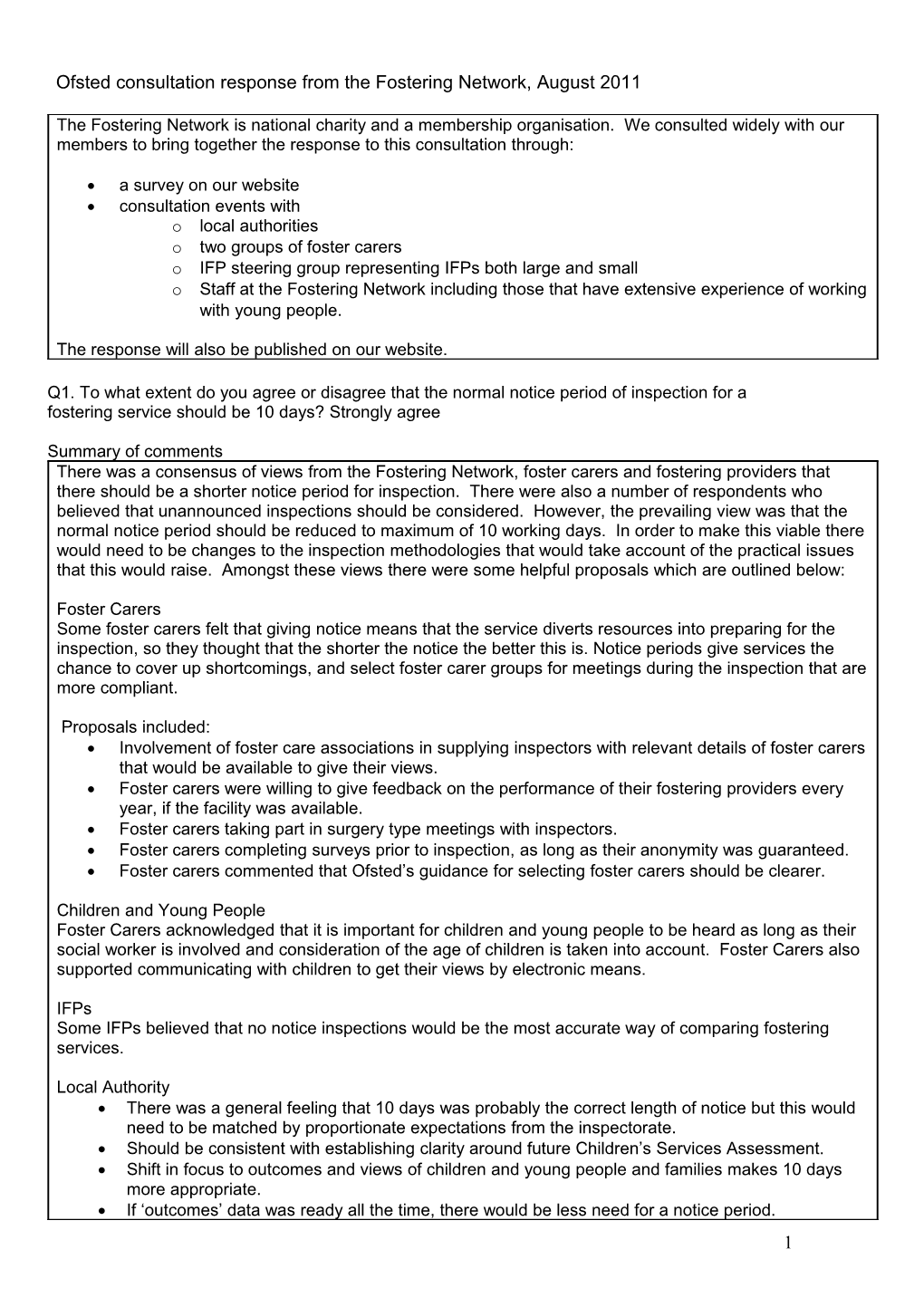 Ofsted Consultation Response from the Fostering Network, August 2011