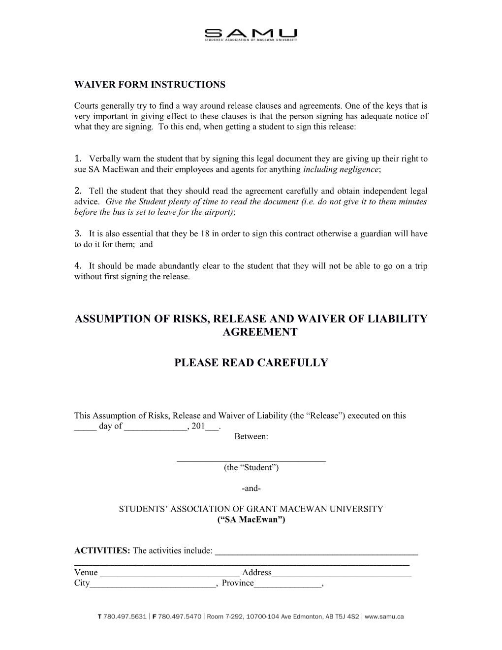 Waiver Form Instructions