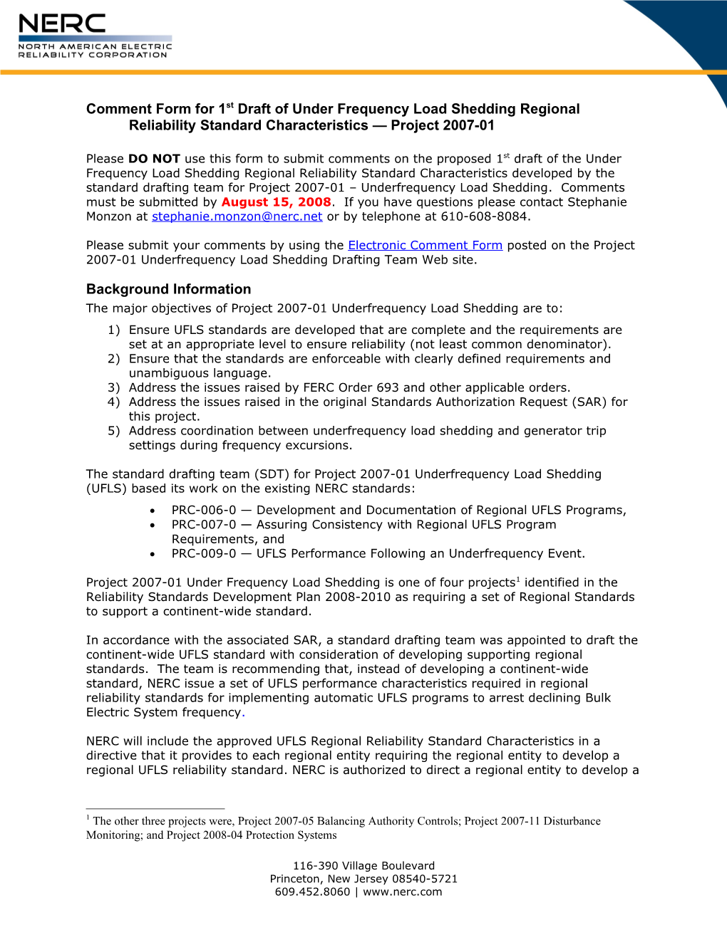 Comment Form for 1St Draft of Under Frequency Load Shedding Regional Reliability Standard