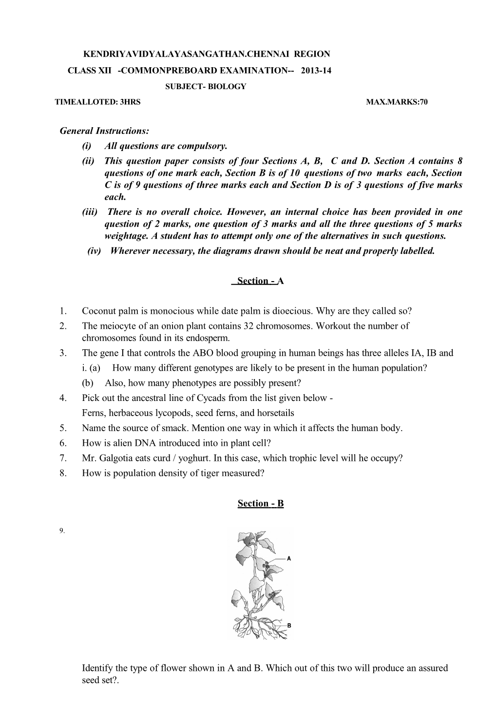Design of the Question Paper Biology-Class Xii