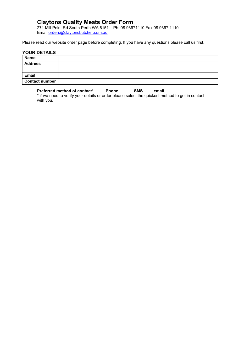 Claytons Quality Meats Order Form