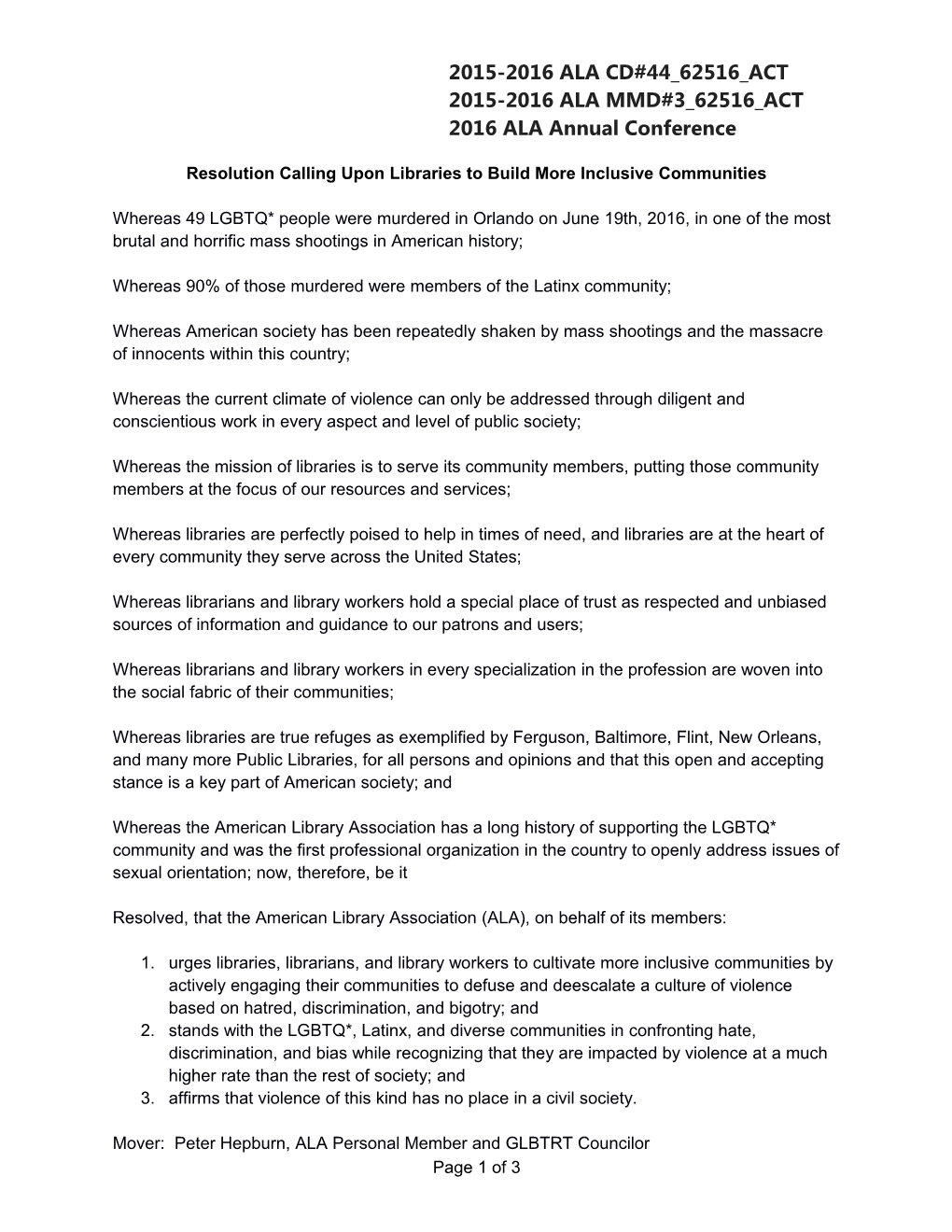 Resolution Calling Upon Libraries to Build More Inclusive Communities