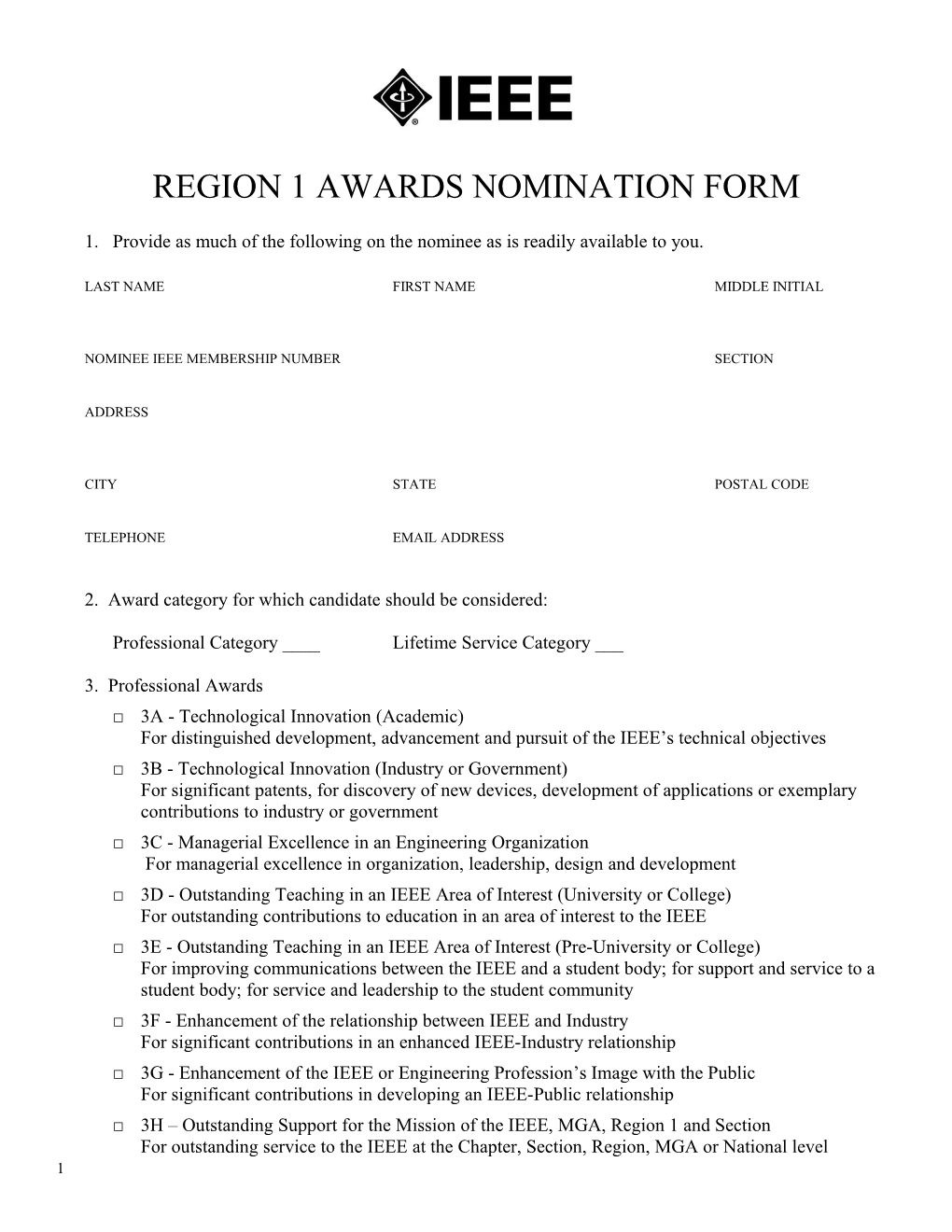 Region 1 Awards Nomination Form