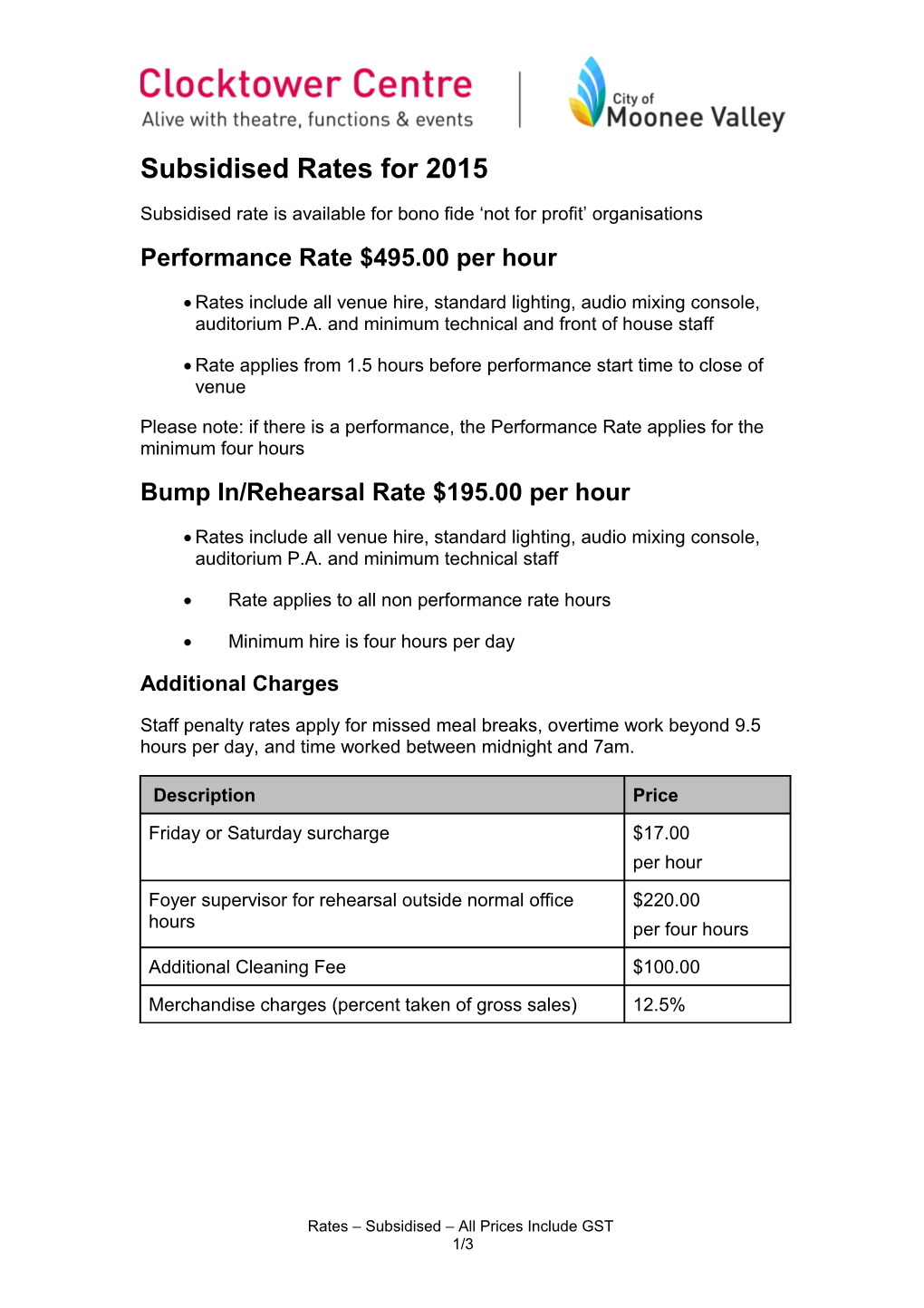 Subsidised Hire Rates 2014