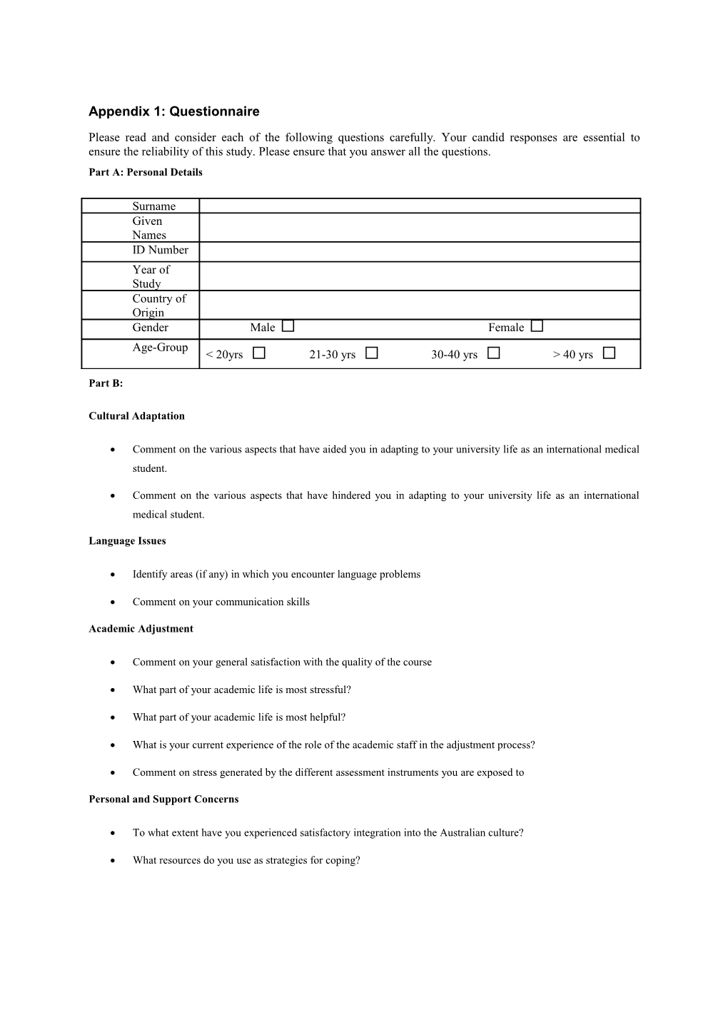 Appendix 1: Questionnaire