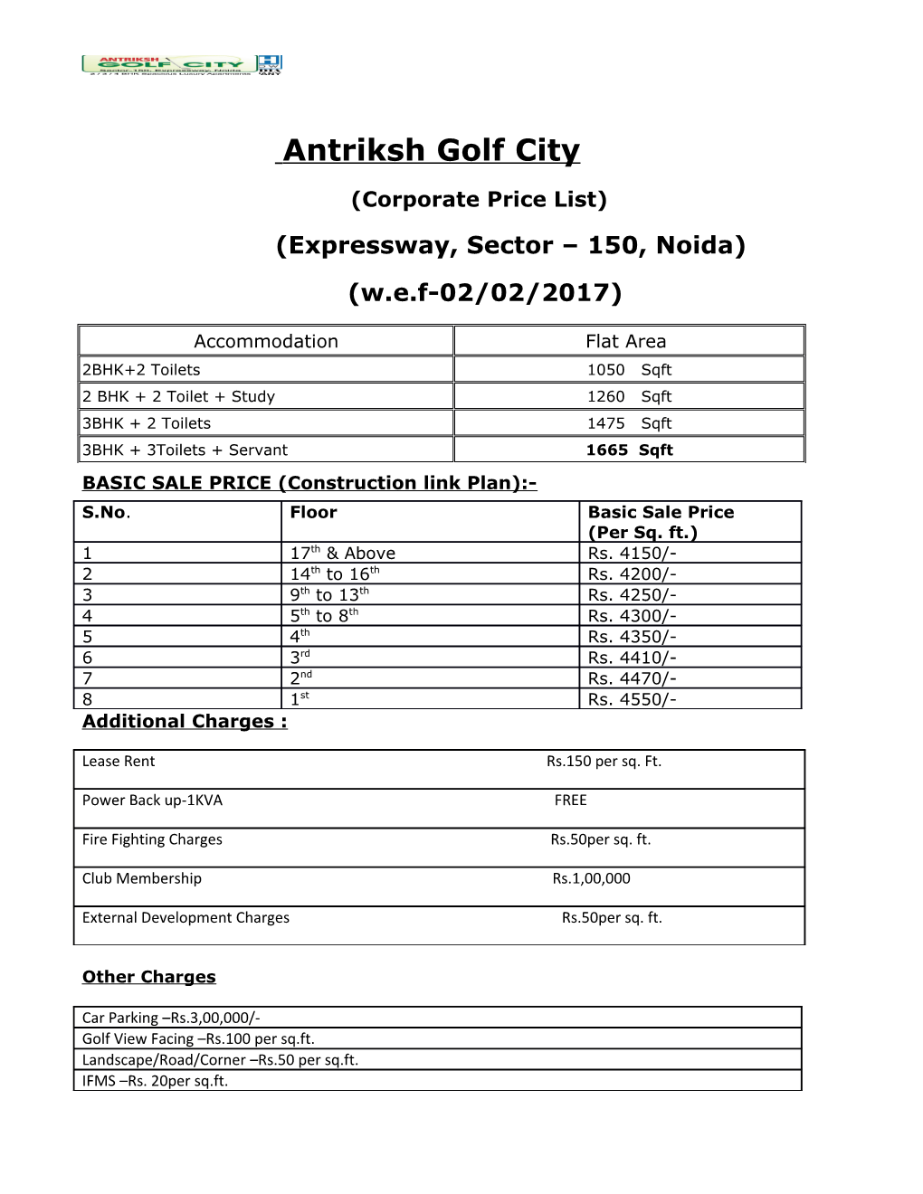 BASIC SALE PRICE (Construction Link Plan)