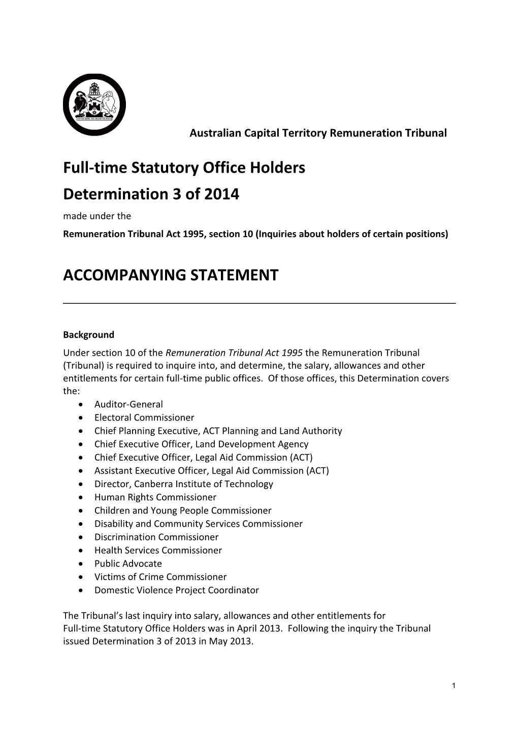 Determination 3 of 2013 - Full-Time Statutory Office Holders