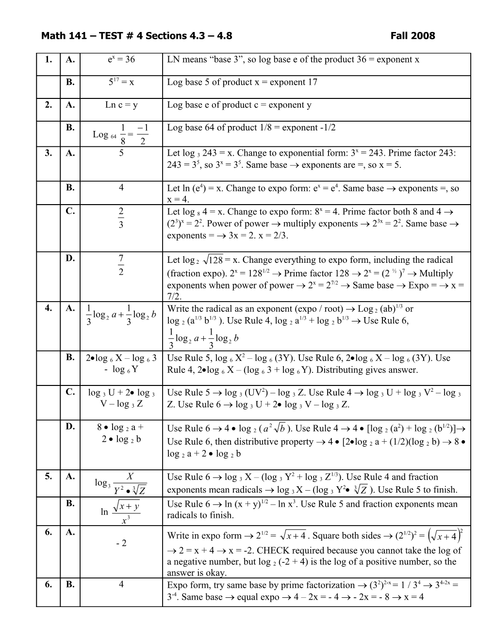 Math 141 TEST # 4 Sections 4