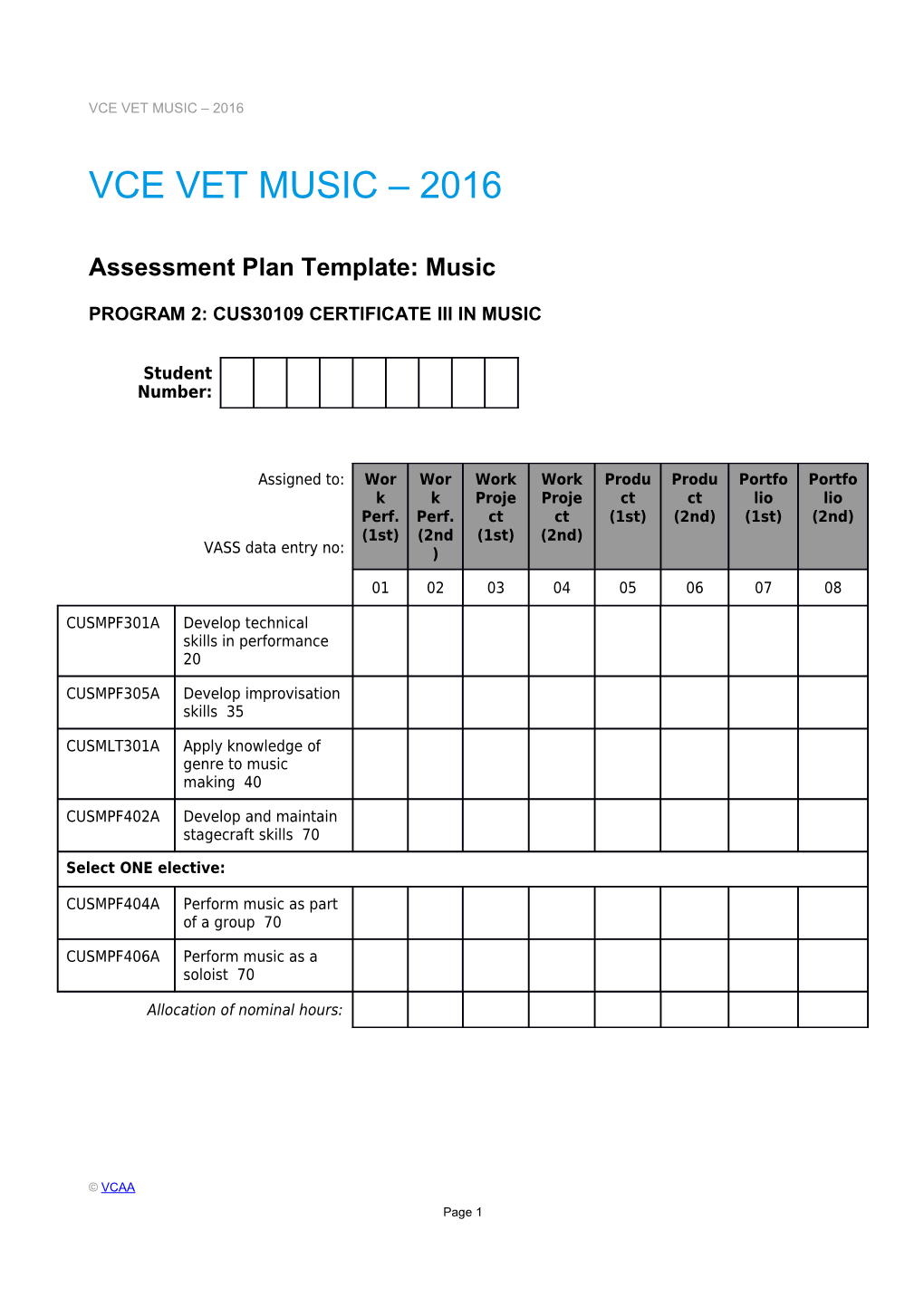 VCE VET Music - Assessment Plan - Template and Sample