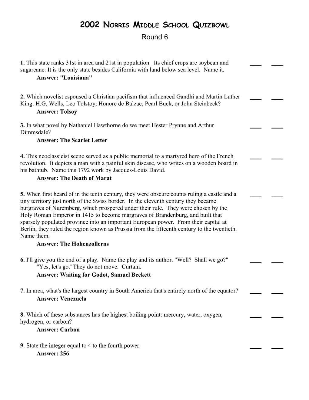 Norris Middle School Quizbowl 6 Question Set 6