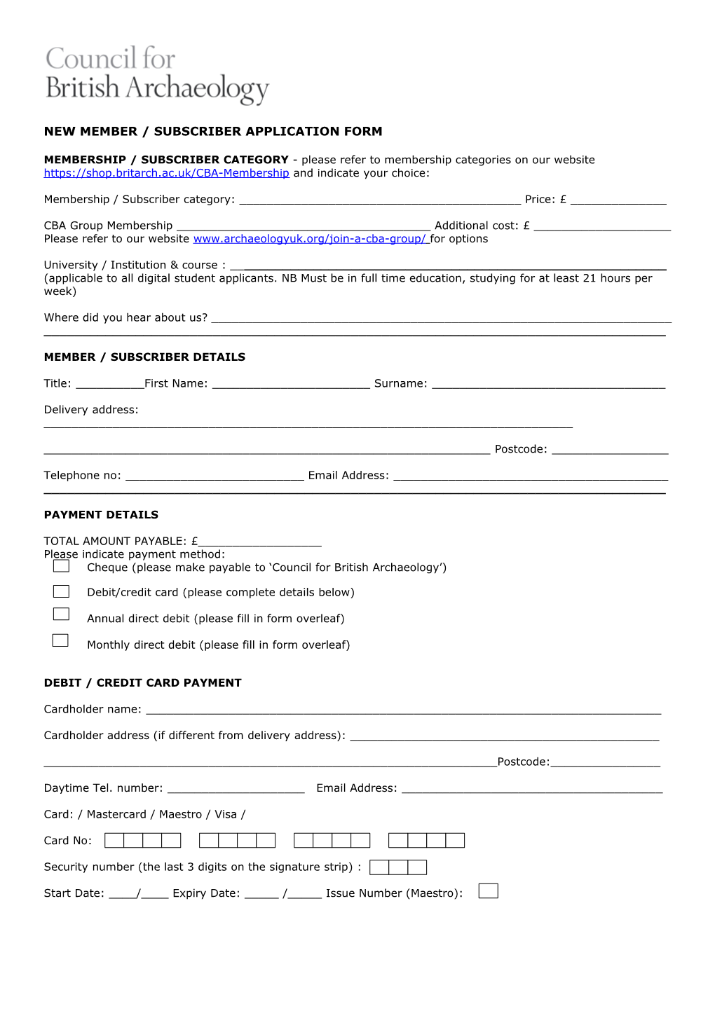 New Member / Subscriber Application Form