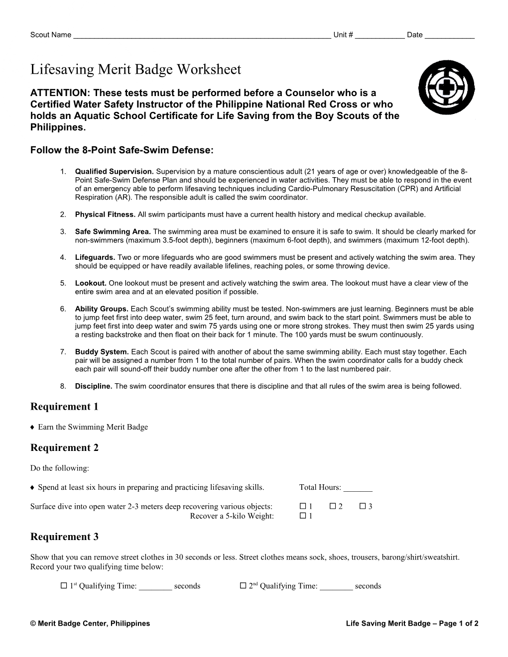 Lifesaving Merit Badge Worksheet