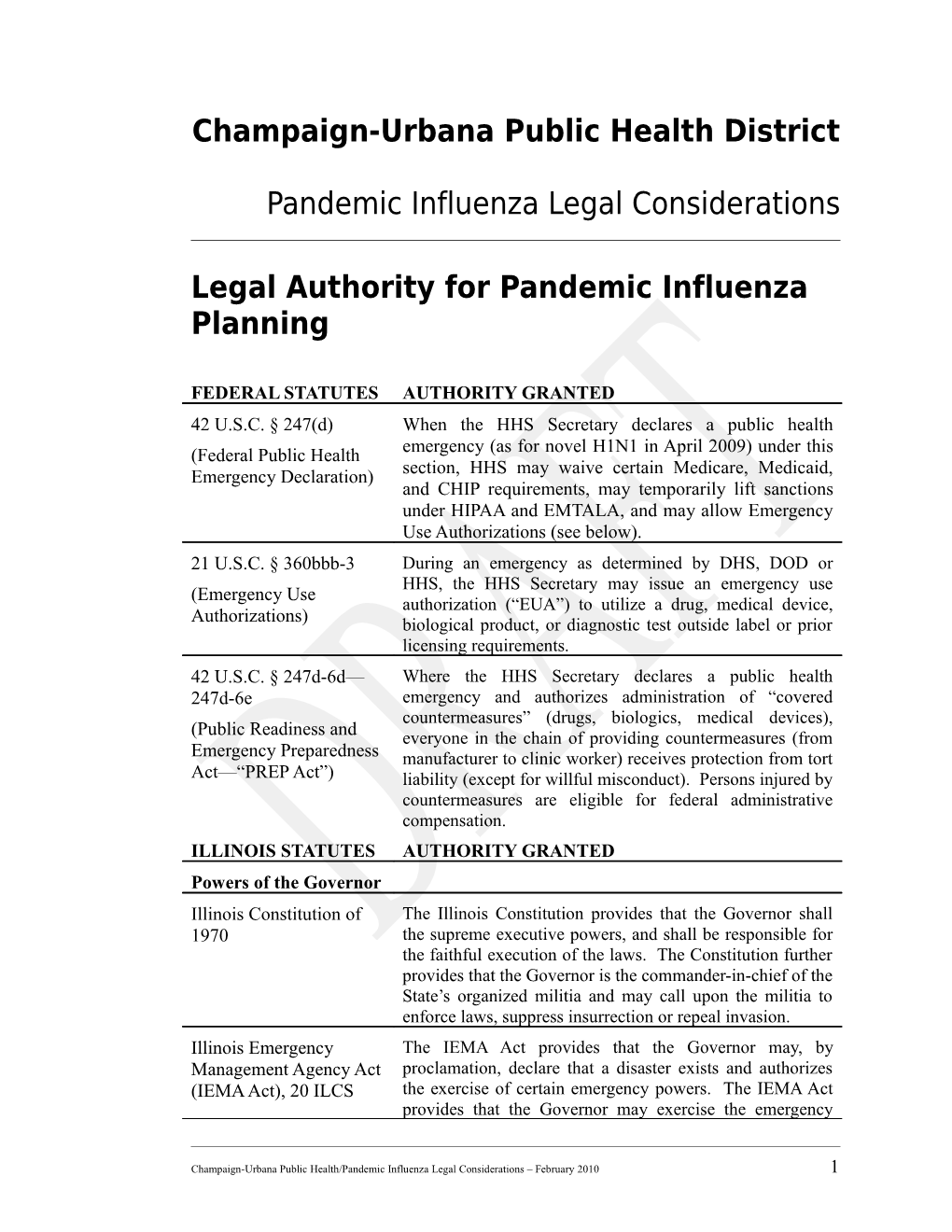 Legal Authority for Pandemic Influenza Planning