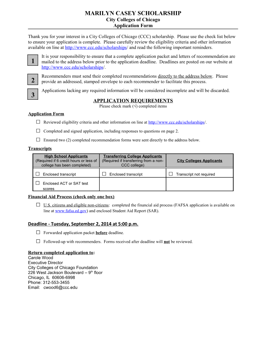 City Colleges of Chicago Marilyn Casey Scholarship Application - 2014