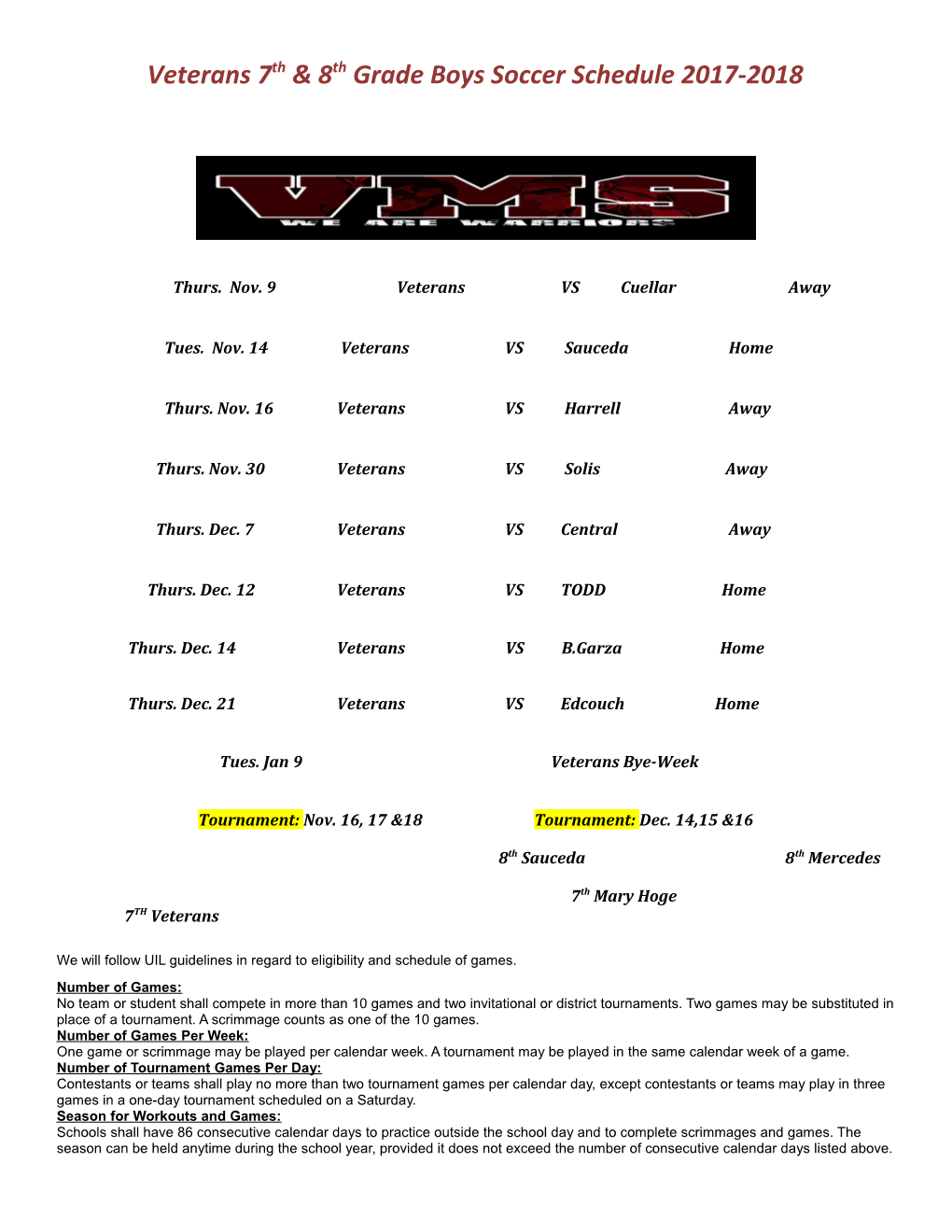 Veterans 7Th & 8Th Grade Boys Soccer Schedule 2017-2018