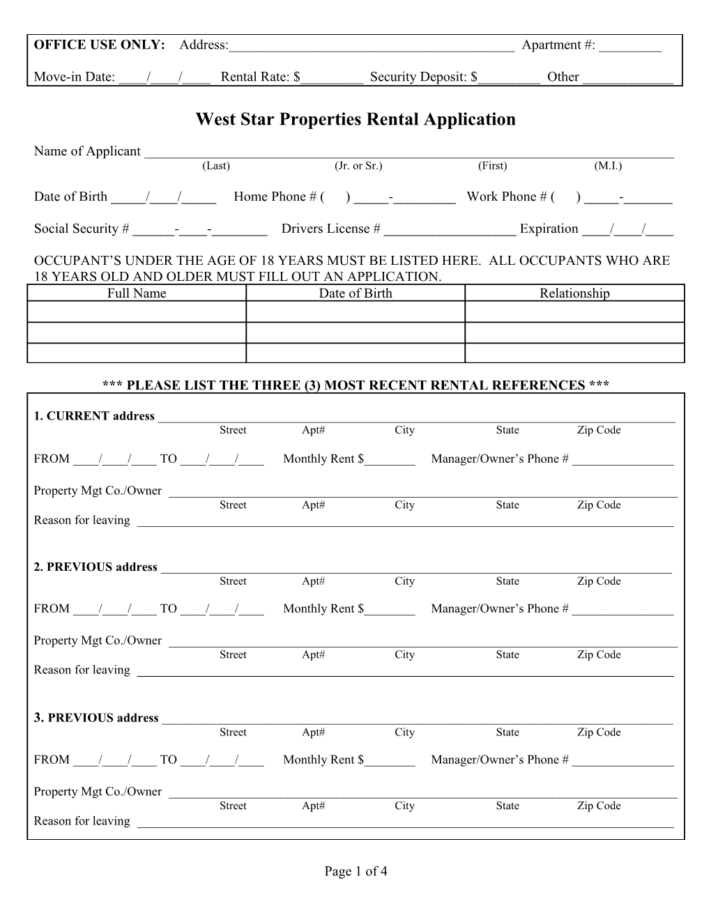 West Star Properties Rental Application