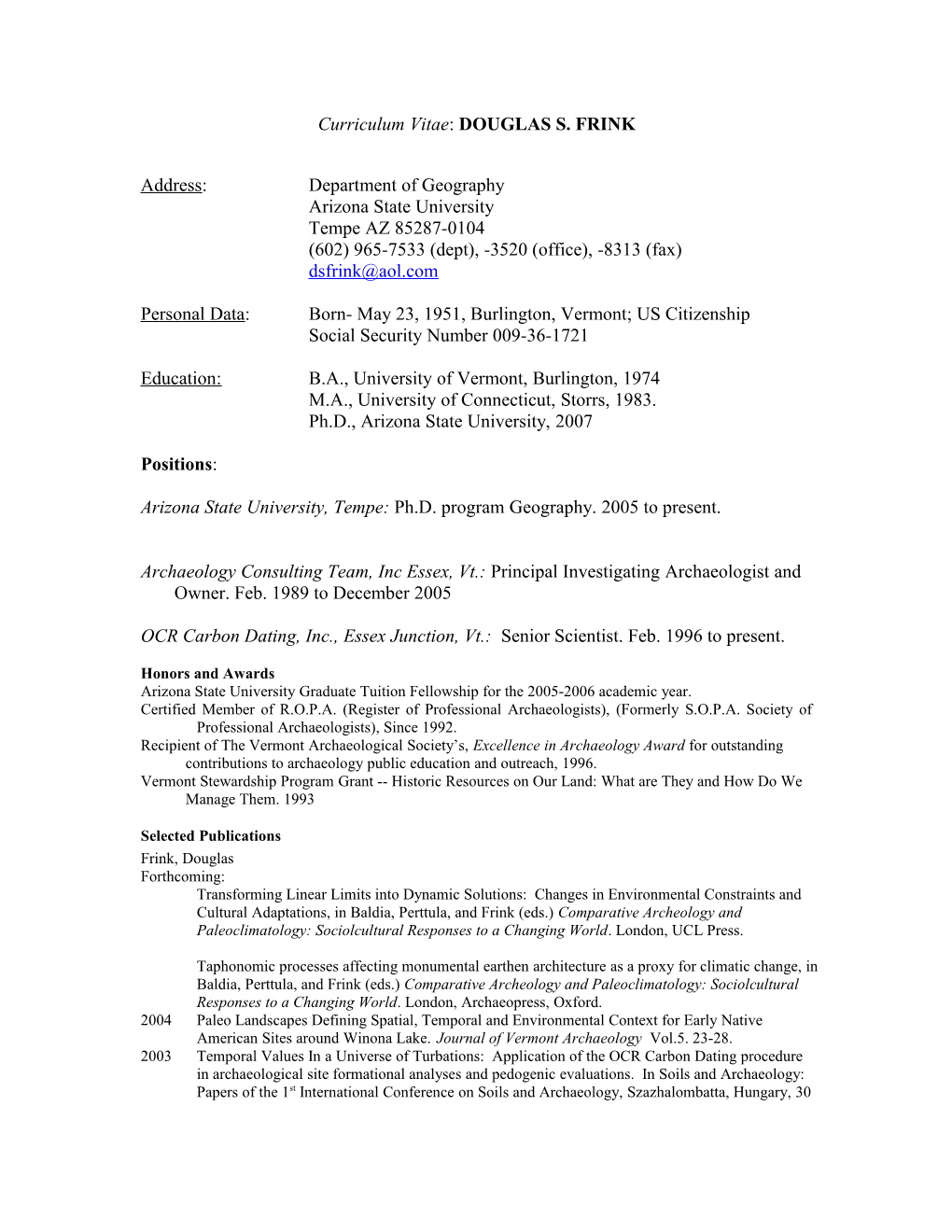 Curriculum Vitae: DOUGLAS S. FRINK