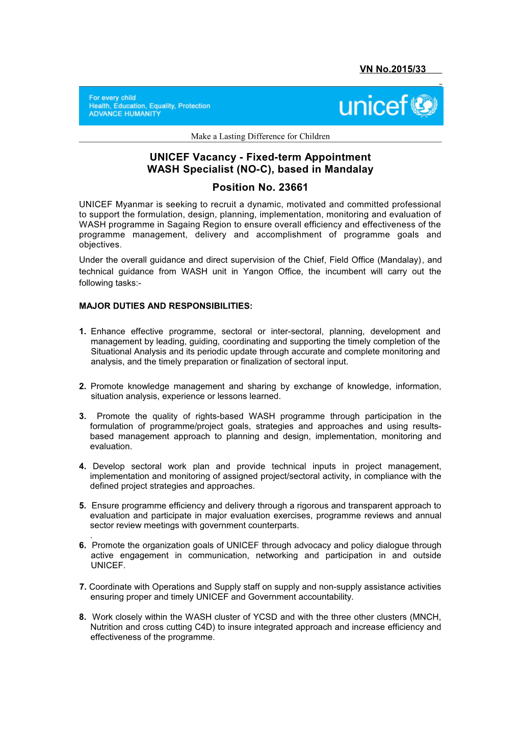 UNICEF Vacancy - Fixed-Term Appointment