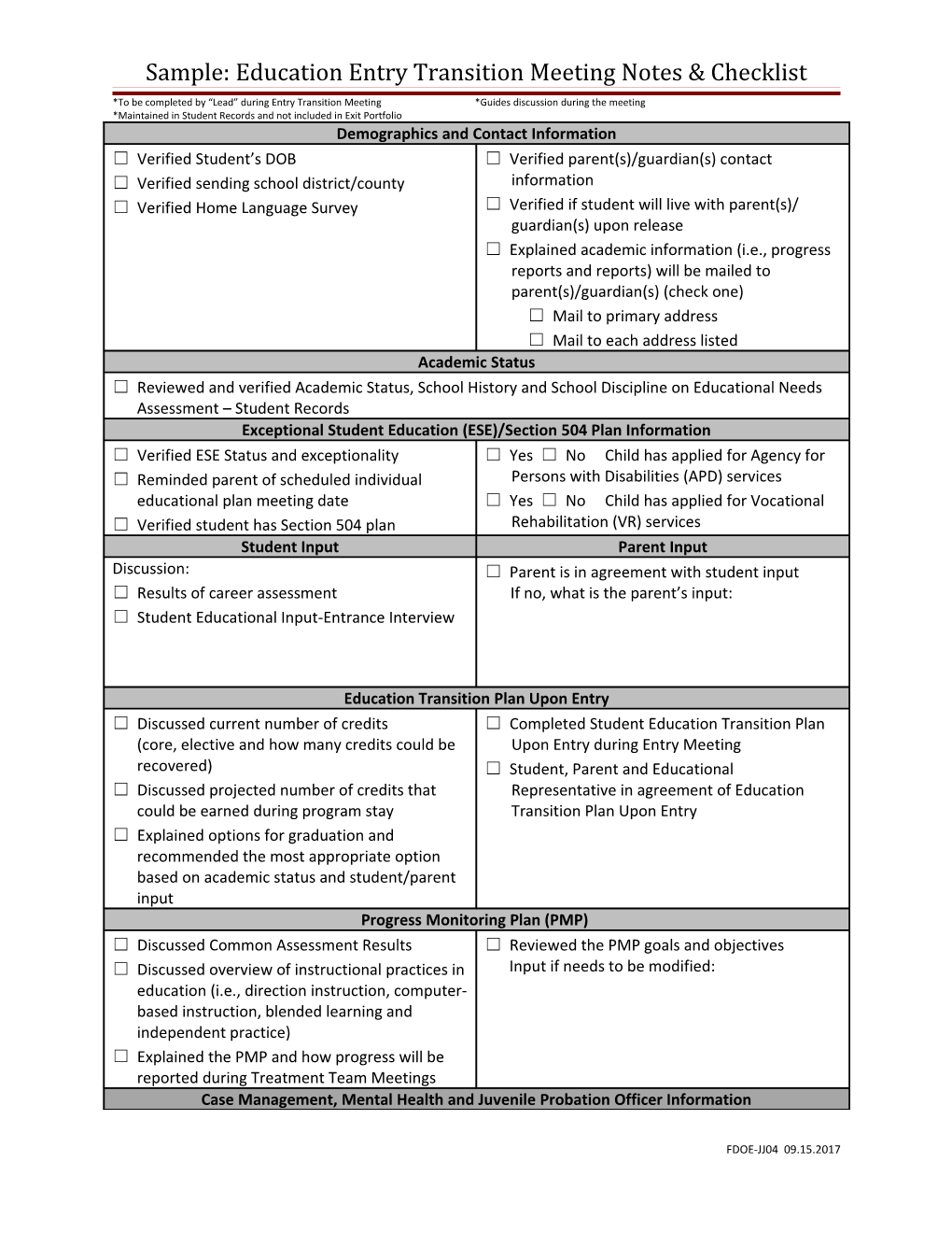 Education Entry Transition Meeting Notes & Checklist