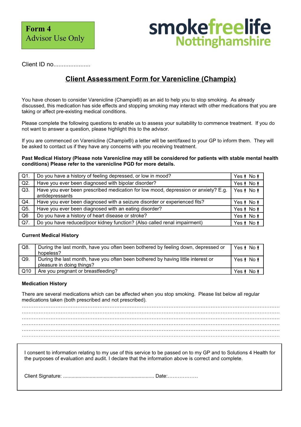 Client Assessment Form for Bupropion Or Varenicline