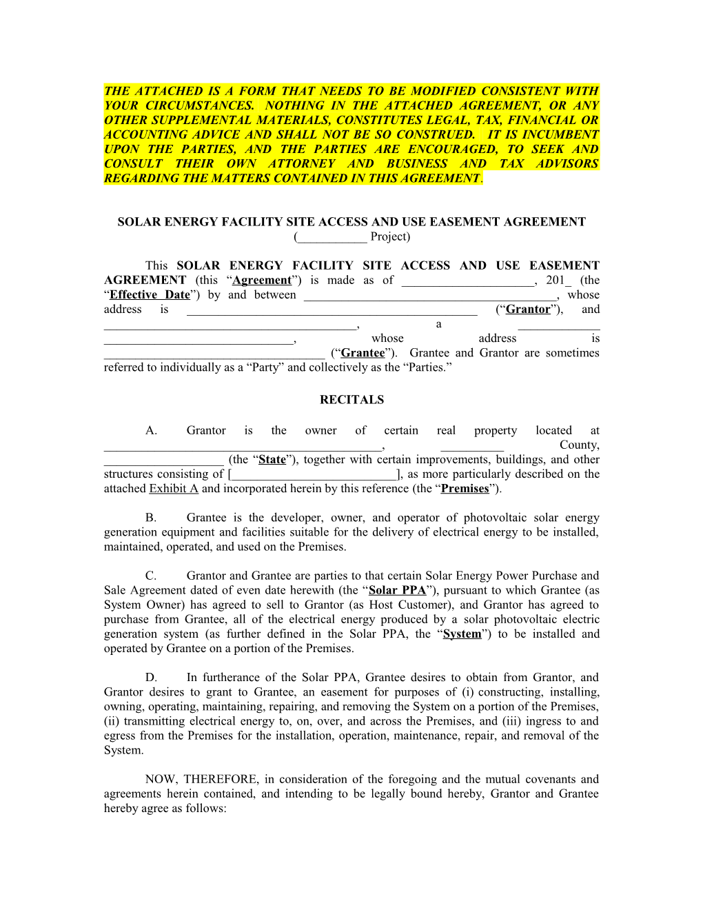 Solar Energy Facility Site Access and Use Easement Agreement