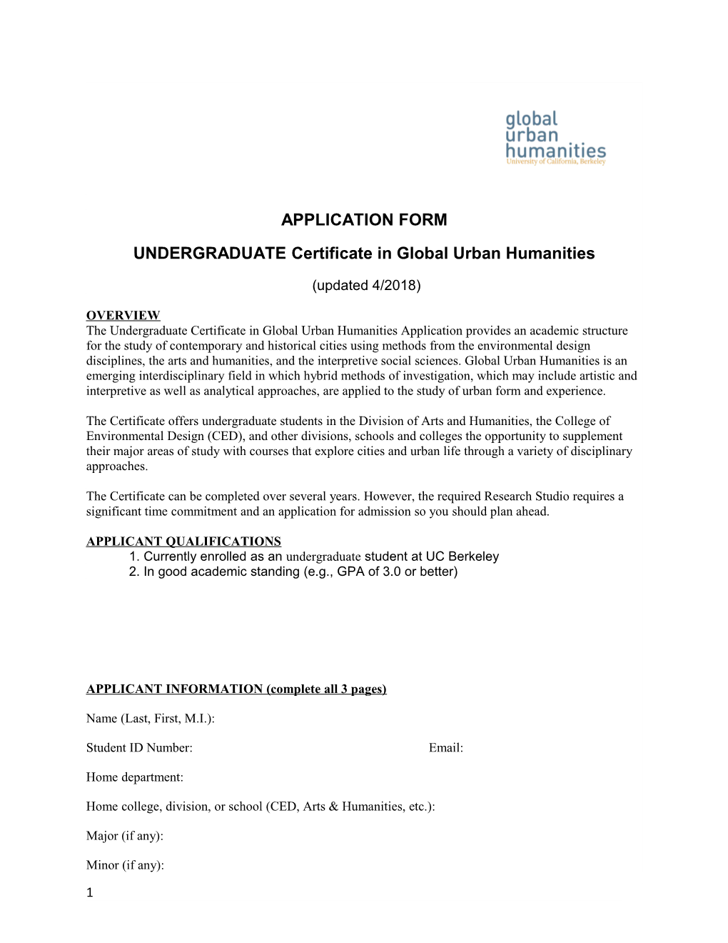 UNDERGRADUATE Certificate in Global Urban Humanities