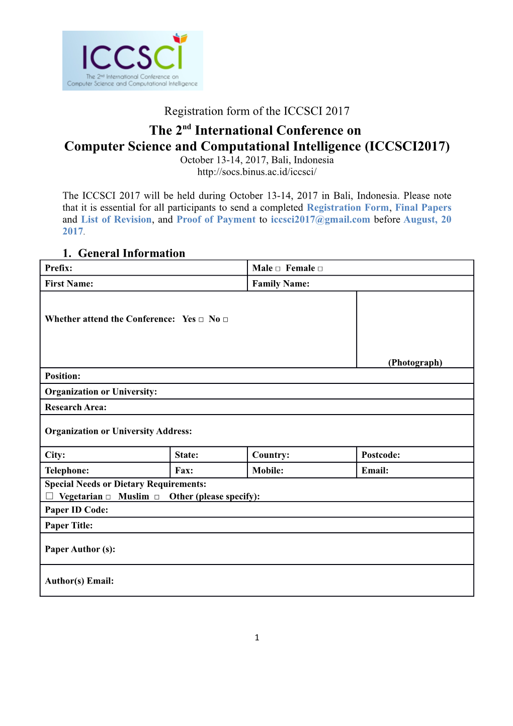 Registration Form of the ICCSCI 2017