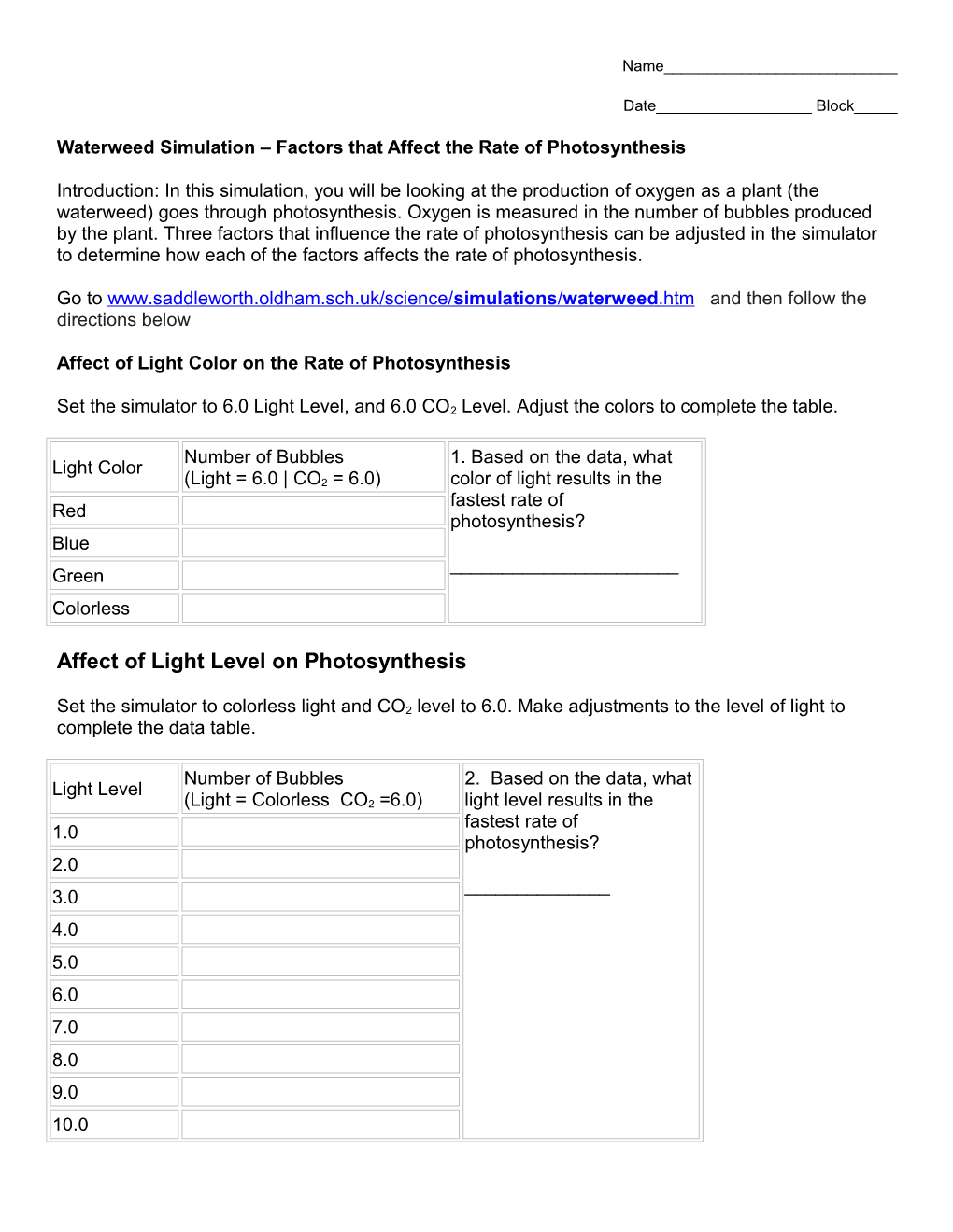 Waterweed Simulation Factors That Affect the Rate of Photosynthesis