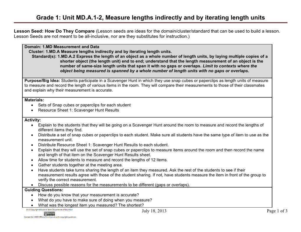 Grade 1: Unit MD.A.1-2, Measure Lengths Indirectly and by Iterating Length Units