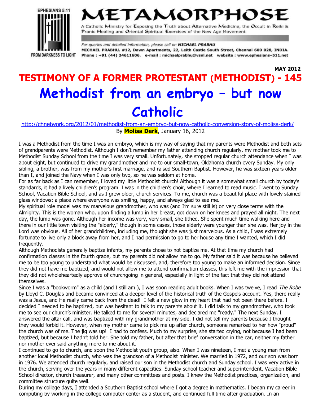 Testimony of a Former Protestant (Methodist) - 145