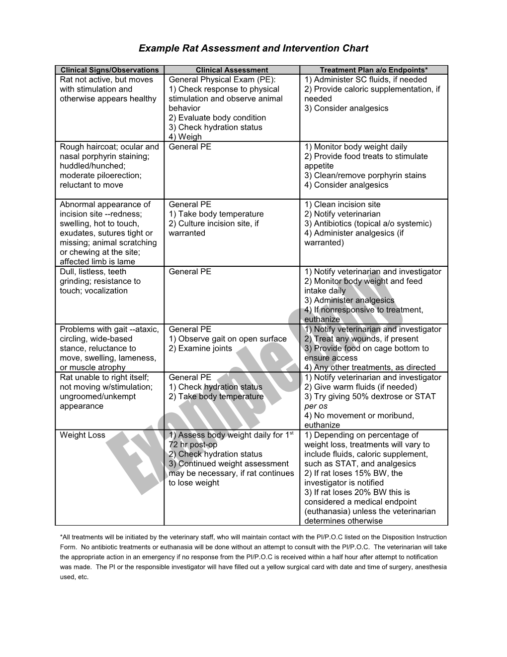 Example Rat Assessment and Intervention Chart